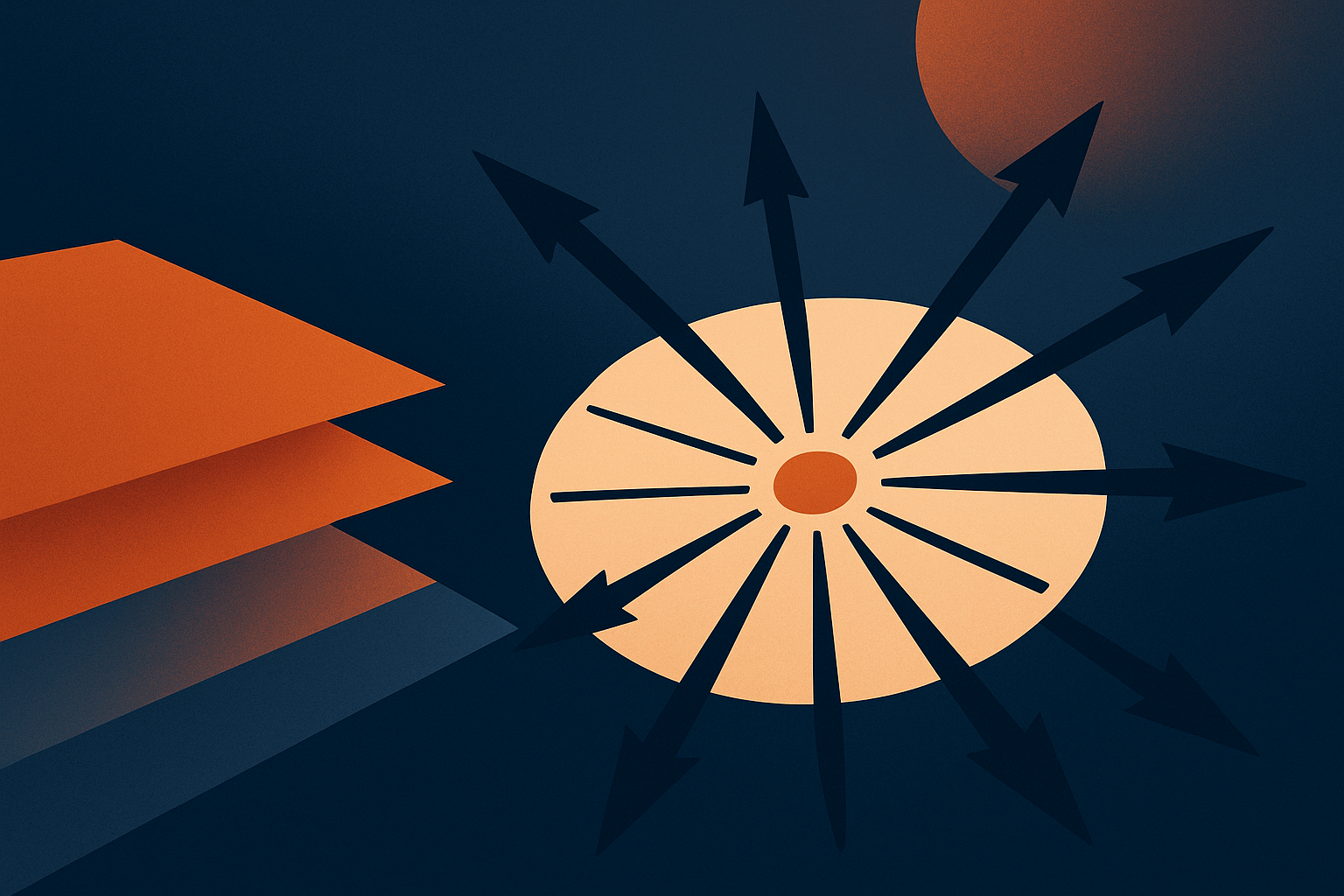 Abstract radial diagram with arrows and layered planes representing YouTube Shorts posting times