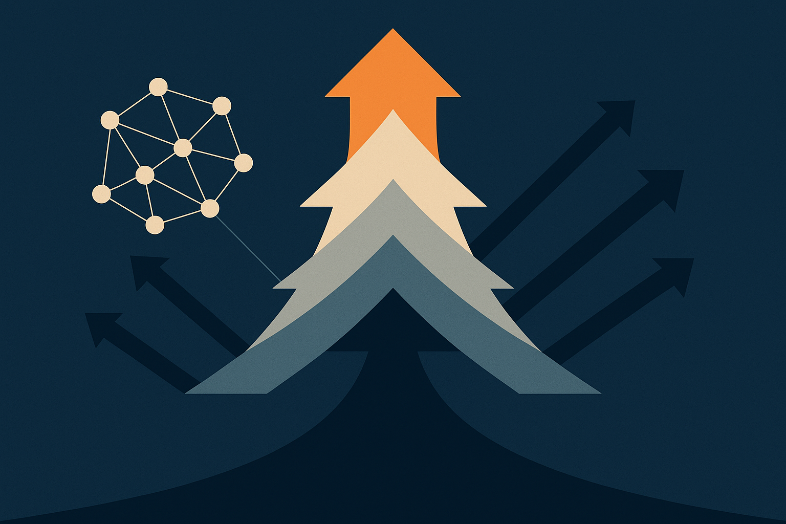 Abstract composition of converging arrows and network graph illustrating trend lifecycle.