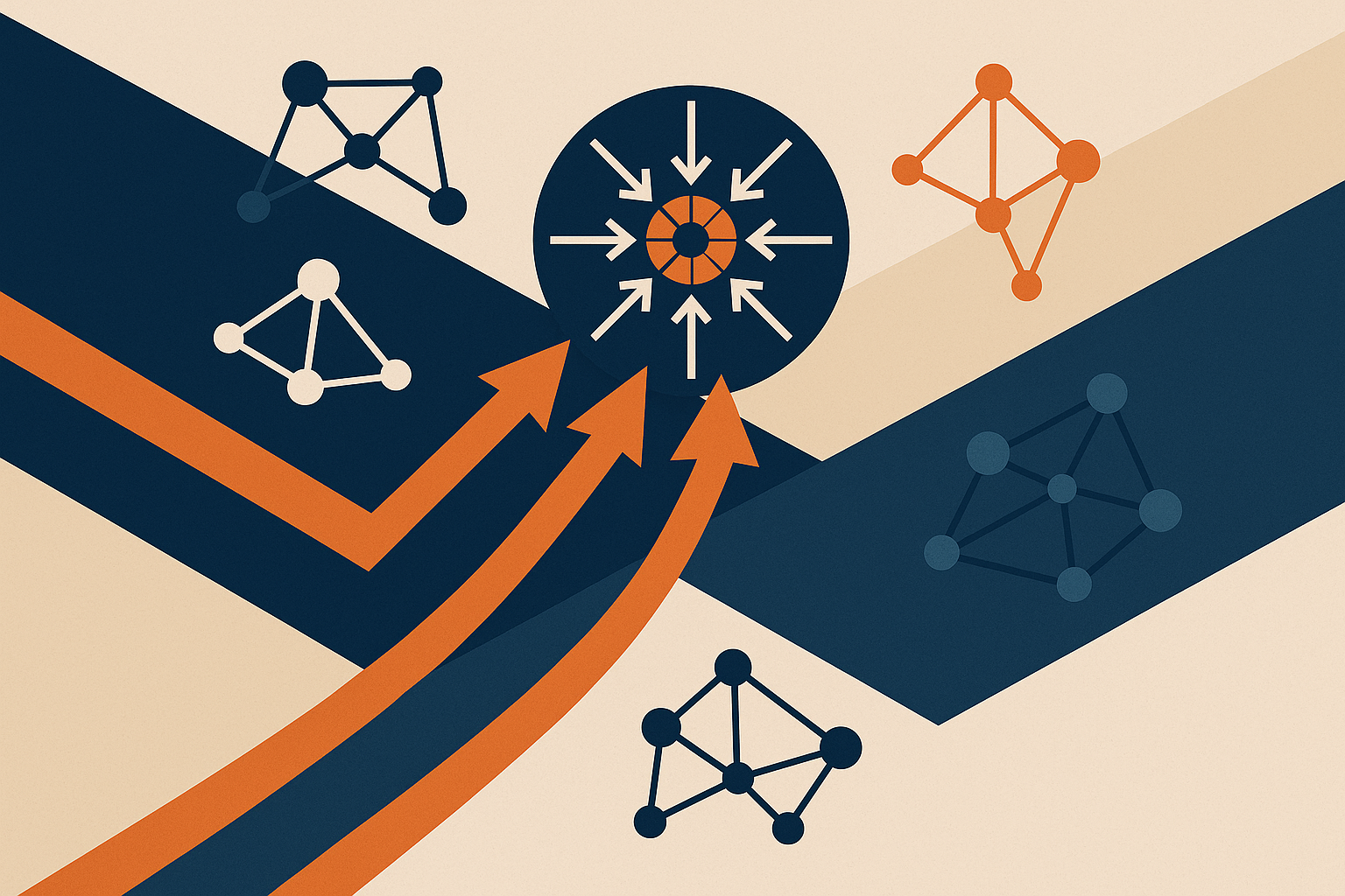 Abstract illustration of cross-platform trend intelligence with network graphs and arrows in navy and orange.